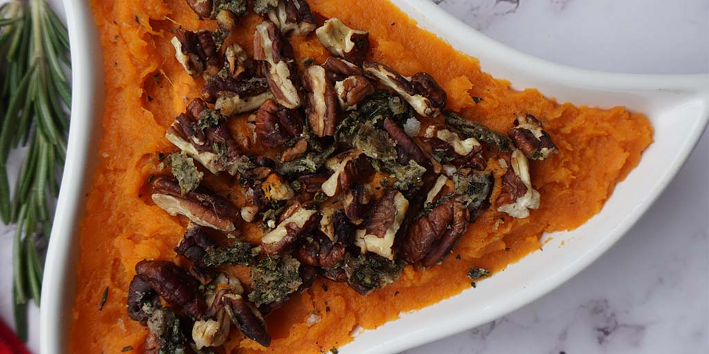 Maple Sweet Potato with Rosemary & Parmesan Pecans